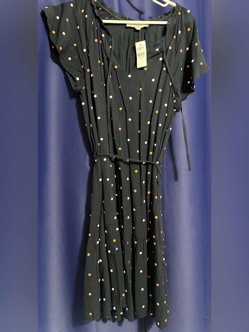 LOFT Black Midi Dress with White and Orange Polka Dots